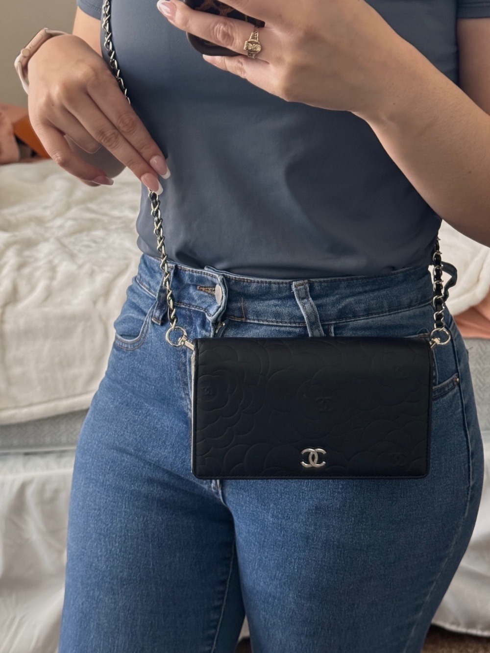 Authentic Chanel Black Camellia Quilted Leather Chain Wallet - Picture 7 of 12
